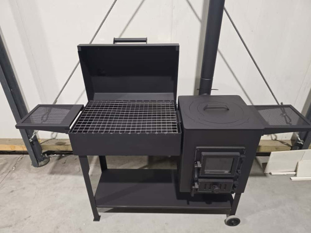 Krāsns/grils/kūpinātava komplekts kvadrāts ar čuguna/stikla durvīm D45 cm